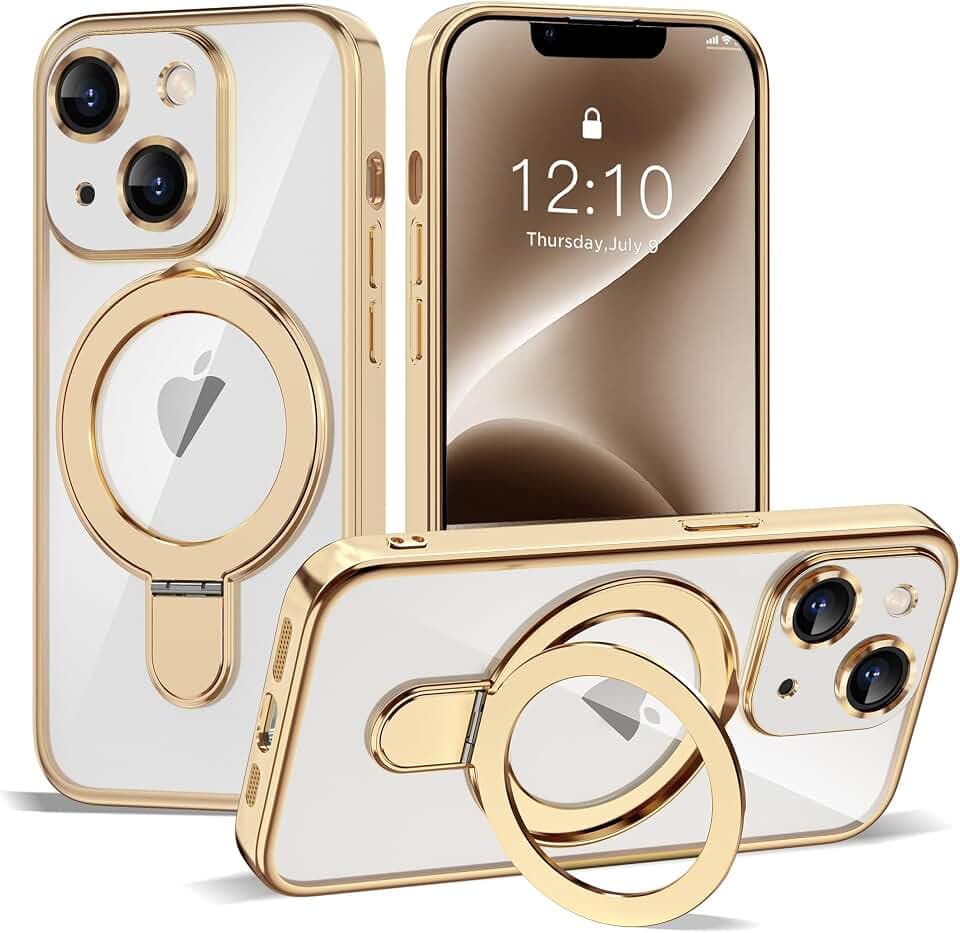 Plating Clear Phone Case for iPhone 14 with Stand 6.1", Gold