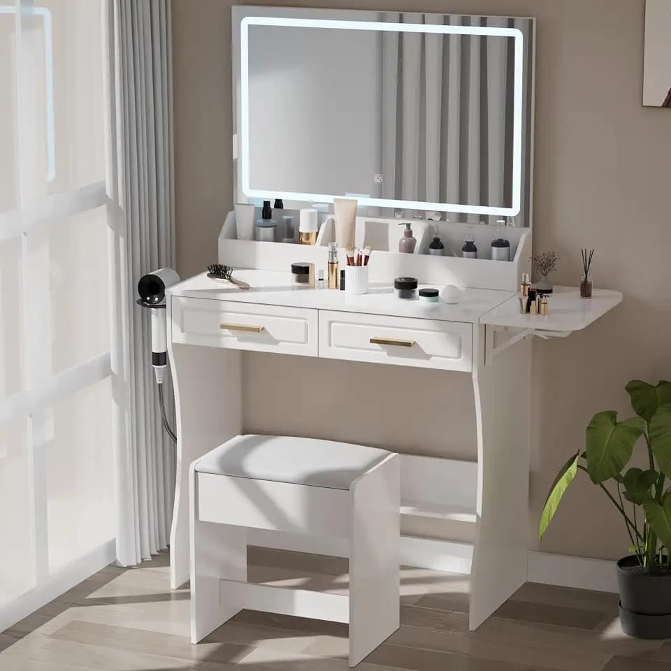 Holiday Glam Makeup Vanity Set with LED Lighted Mirror, Drawers & Stool – Modern White Beauty Desk, Bedroom & Dressing Room Storage