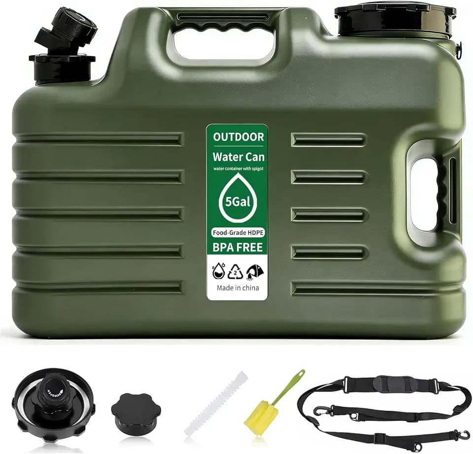 5 Gallon Water Jug with Multi-Purpose Shoulder Strap, BPA Free Food Grade HDPE Outdoor Water Container, Leak-Proof Rotary Spigot, Portable Water Can for Camping, Hiking, RV & Emergency Preparedness
