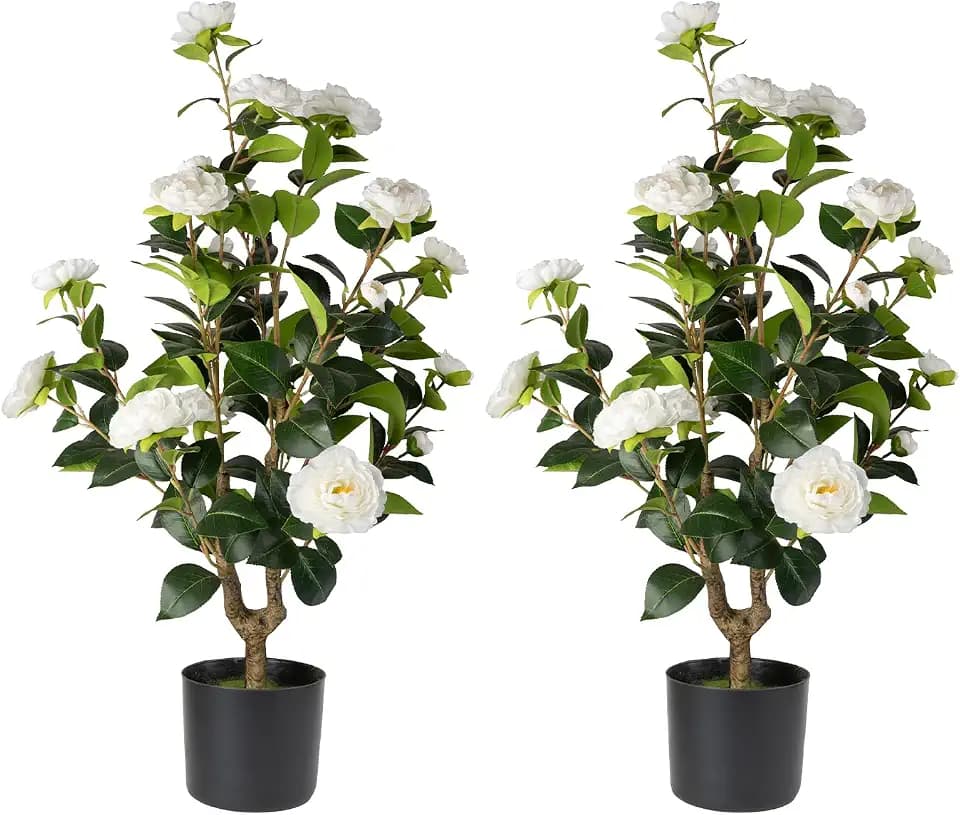 Artificial Camellia Tree 2 Pack - Realistic Camellia Plants in Pot with White Flowers, Lifelike Faux Greenery for Living Room, Patio, or Wedding, White