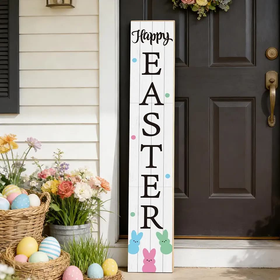 YUNKKIN Easter Porch Decor Easter Porch Sign Outdoor Decorations Bunny Welcome Wooden Door Decorations Indoor Outside Welcome Sign for Front Door 46.8 Inch