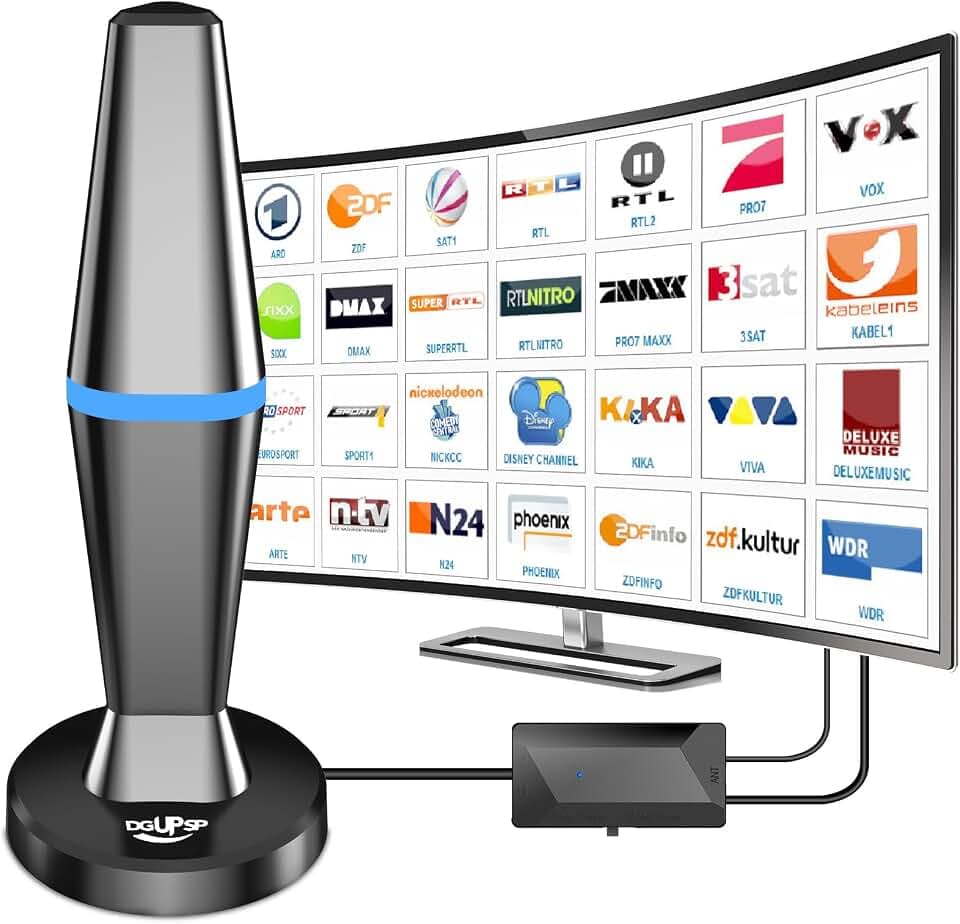 DVBT2 Antenne, zimmerantenne DVB-T & DVB-T2 Antennen mit Verstärker, Großer Reichweite und 360° Empfang, Zimmerantenne für Fernseher mit Starkem Magnetfuß, Geeignet für 4K 1080p & Alle TV-Geräte