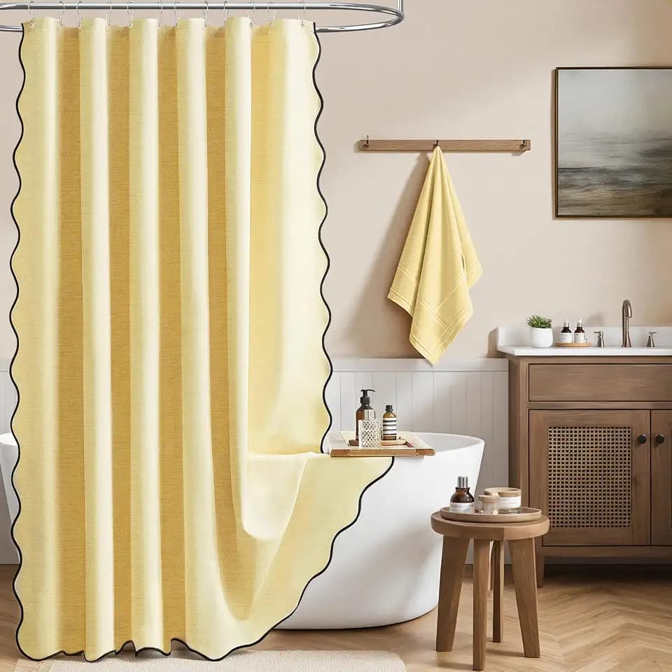 BTTN Yellow Boho Scalloped Linen Textured Cloth Shower Curtain Set, 72x72