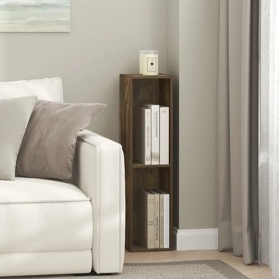 Furinno Fulda Book Shelf, 3-Tier Narrow Bookshelf, Bookcase with 8-in Width Storage Shelf, 9.3 x 7.9 x 31.5, for Living Room, Bedroom, Home Office, Amber Pine