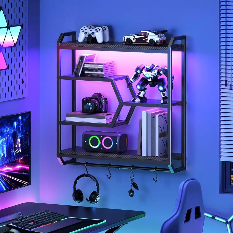 HOOBRO Gaming Floating Shelf with LED Lights, 27.5" LED Wall Mounted Shelf