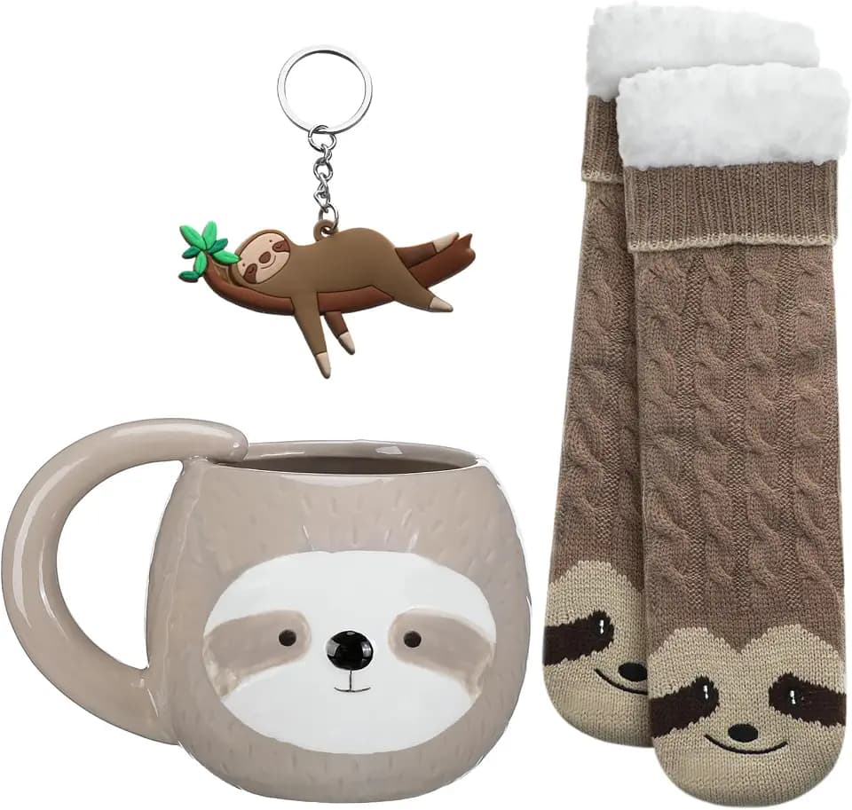 3 Pcs Christmas Sloth Theme Funny Gift Kit for Women Include Sloth Coffee Mug Socks Keychain Xmas Cute Animal Ceramic Cups for Birthday Valentine's Day Party Favor Coworker Office Gifts