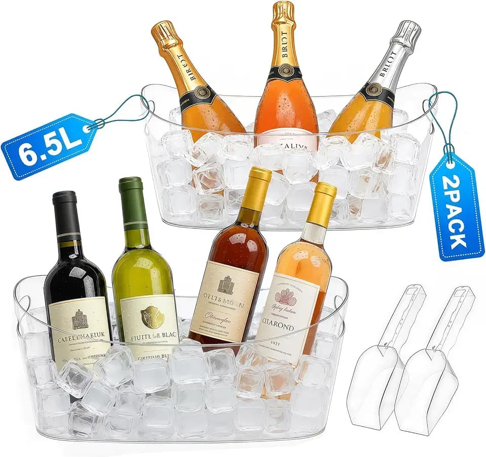 6.5L Ice Bucket 2 Pack Ice Buckets for Parties, Beverage Tub for Cocktail Bar with Handle, Drink Cooler for Wine Beer Champagne, Clear Ice Bucket with Scoop for Mimosa Bar Drink Chiller