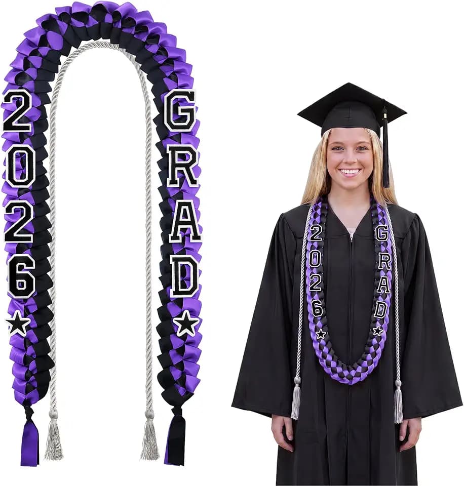 Cindeer 2026 Graduation Ribbon Lei Set Handmade Braided Necklace Honor Cord with Tassel 2026 Grad Embroidery Patches for High School College Graduation Party Supplies(Black, Purple)