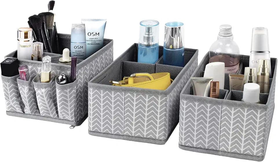 Cosmetic Storage Bins Makeup Organizer, Adjustable Multifunction Storage Box Desk Drawer Divider for Makeup Brushes, Bathroom Countertop or Dresser, Set of 3 (Grey)