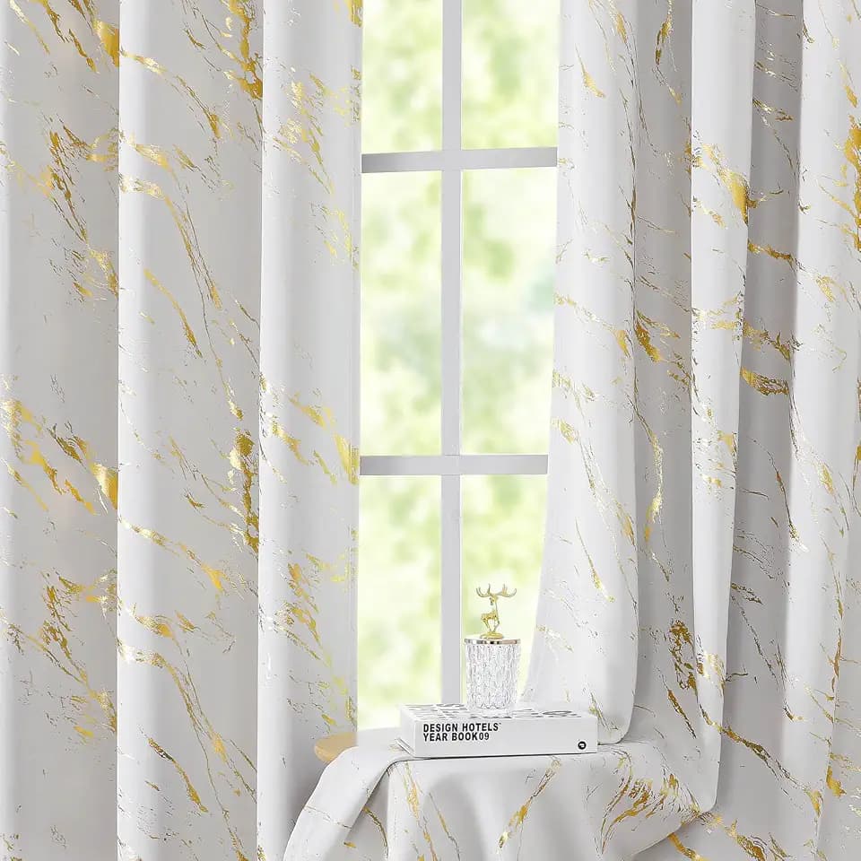 WUBODTI Grey White and Gold Blackout Curtains Grommet 84 Inch 2 Panels