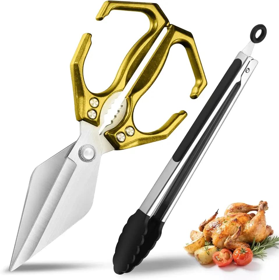 Heavy Duty Kitchen Scissors and Tongs Set - Professional 3CR13 Stainless Steel Meat Scissors Kitchen for Poultry & Bone - Sharp Kitchen Shears with Ergonomic Power Grip - Food Scissors (Golden)