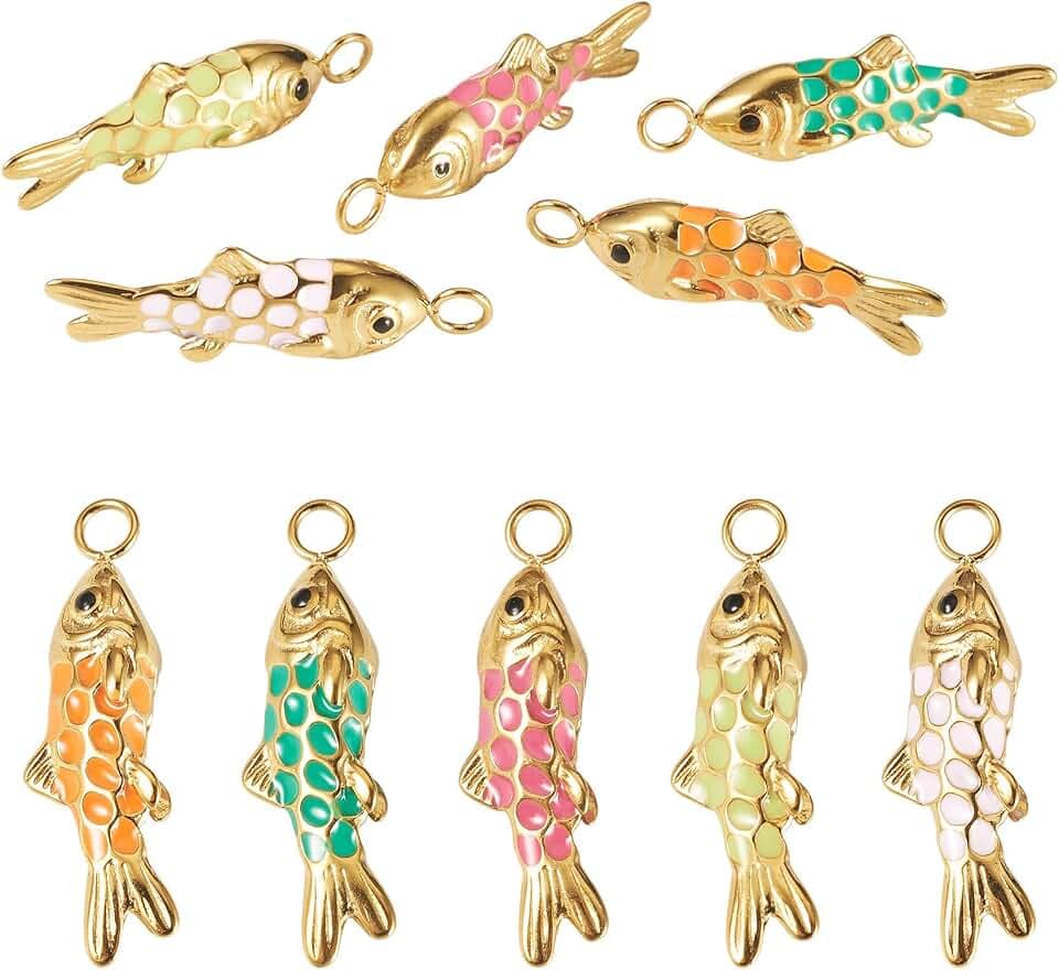 Cheriswelry 5Pcs 3D Fish Charms Ocean Animal Pendants Stainless Steel Enamel Fish Charm 28x6.5x9mm for Necklace Bracelet Earring DIY Jewelry Making Summer Decoration