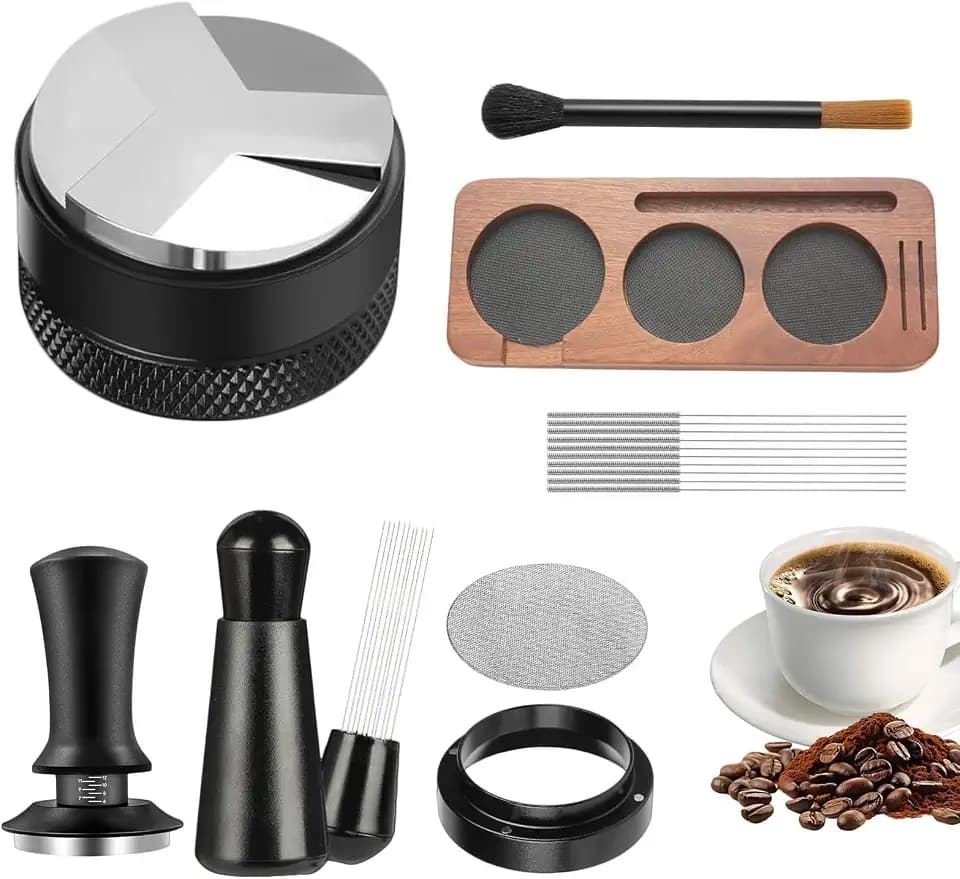 8 PCS 58mm Espresso Accessories with Wodden Box, Espresso Tool Kit with Espresso Tamping Station, Distributor, Stirrer, Dosing Funnel, Needle Distributor, Puck Screen,Cleaning Brush and Latte Art Pen