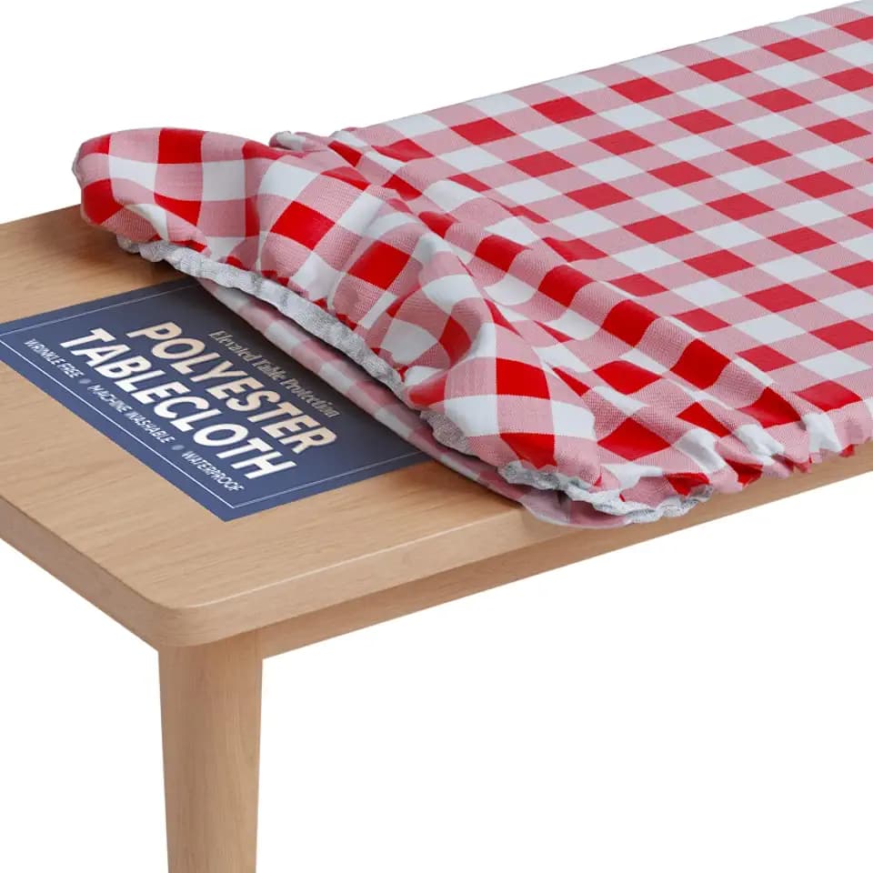 Sorfey Tablecloth of Polyester -Fitted with Elastic, Water Proof, Washable, Fits for Table 36 x 72 Inch, Checked RED Design, for Indoor/Outdoor Kitchen and Picnic and More...