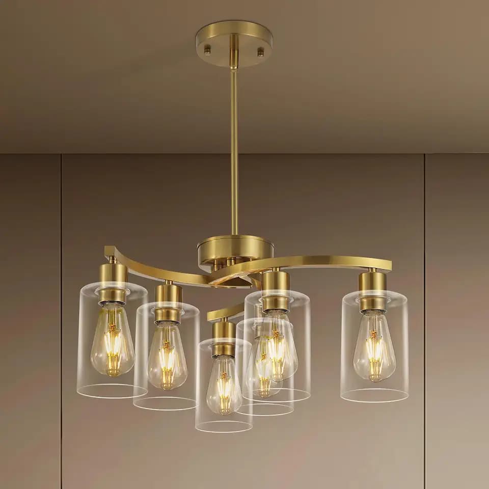 6 Light Gold Dining Room Light Fixture,Modern Farmhouse Kitchen Chandeliers Over Table,Adjustable Height Hanging Pendant Lighting for Kitchen Island ,with Glass Shade