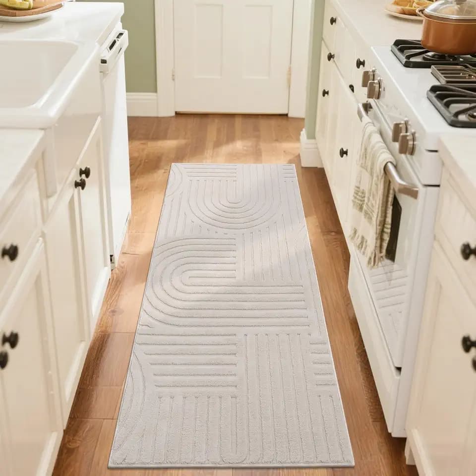 SHACOS Soft Cozy Fluffy Arch Pattern High-Low Pile Runner Rugs 2'x5' Non Slip Washable Scandinavian Minimalist Rug Runner Modern Geometric Carpet for Bedroom Bathroom Hallway Living Room, Beige