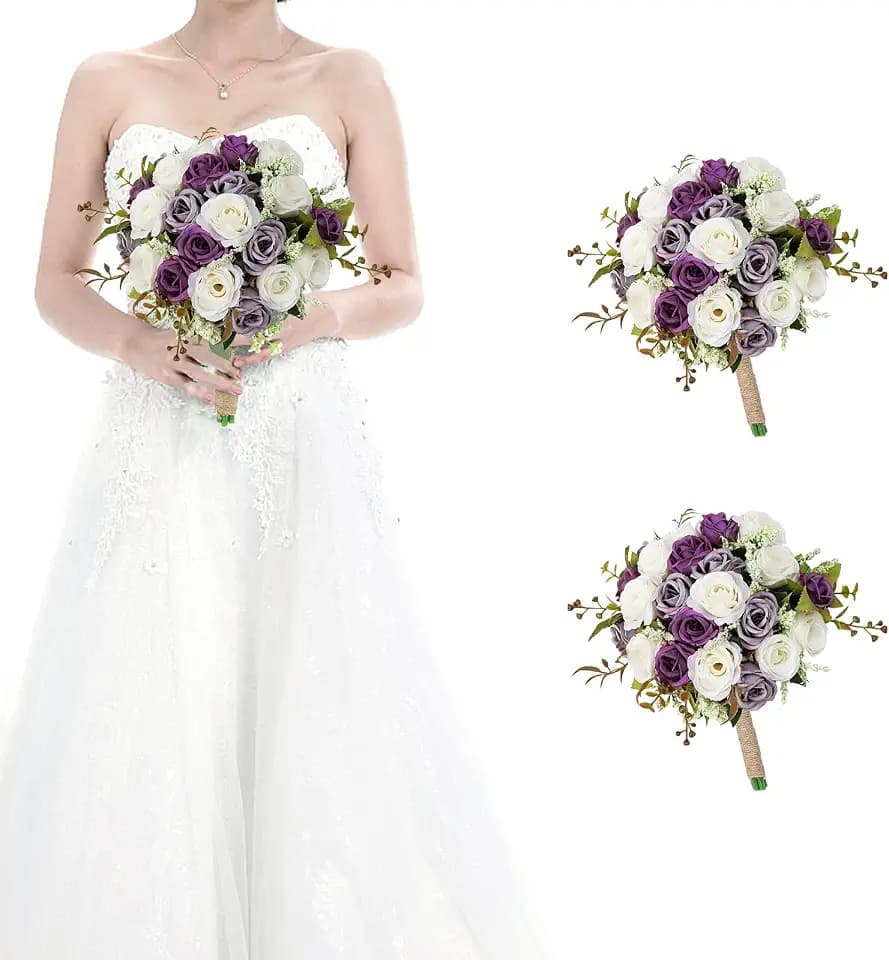 Set of 2 Bridesmaid Bouquets for Wedding - 7 Inch Artificial Ivory Flower Bouquet for Party Ceremony Anniversary Dinning Table Centerpieces Decor - Dusty Purple & White