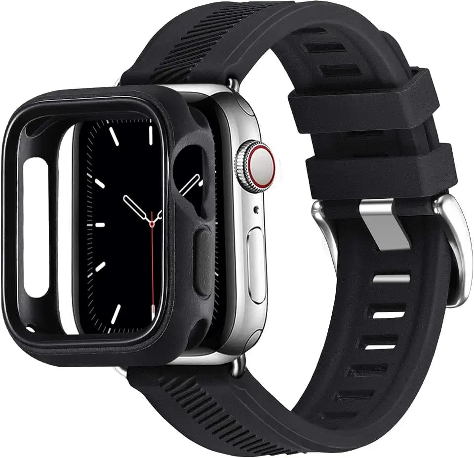 Silikon Armband Kompatibel mit Apple Watch Armband 44mm 40mm 42mm 38mm, Weichem Silikon Sport Ersatzarmband, kompatibel für iWatch Series 6/SE/5/4/3/2/1 (42mm 44mm, Schwarz/Silber)