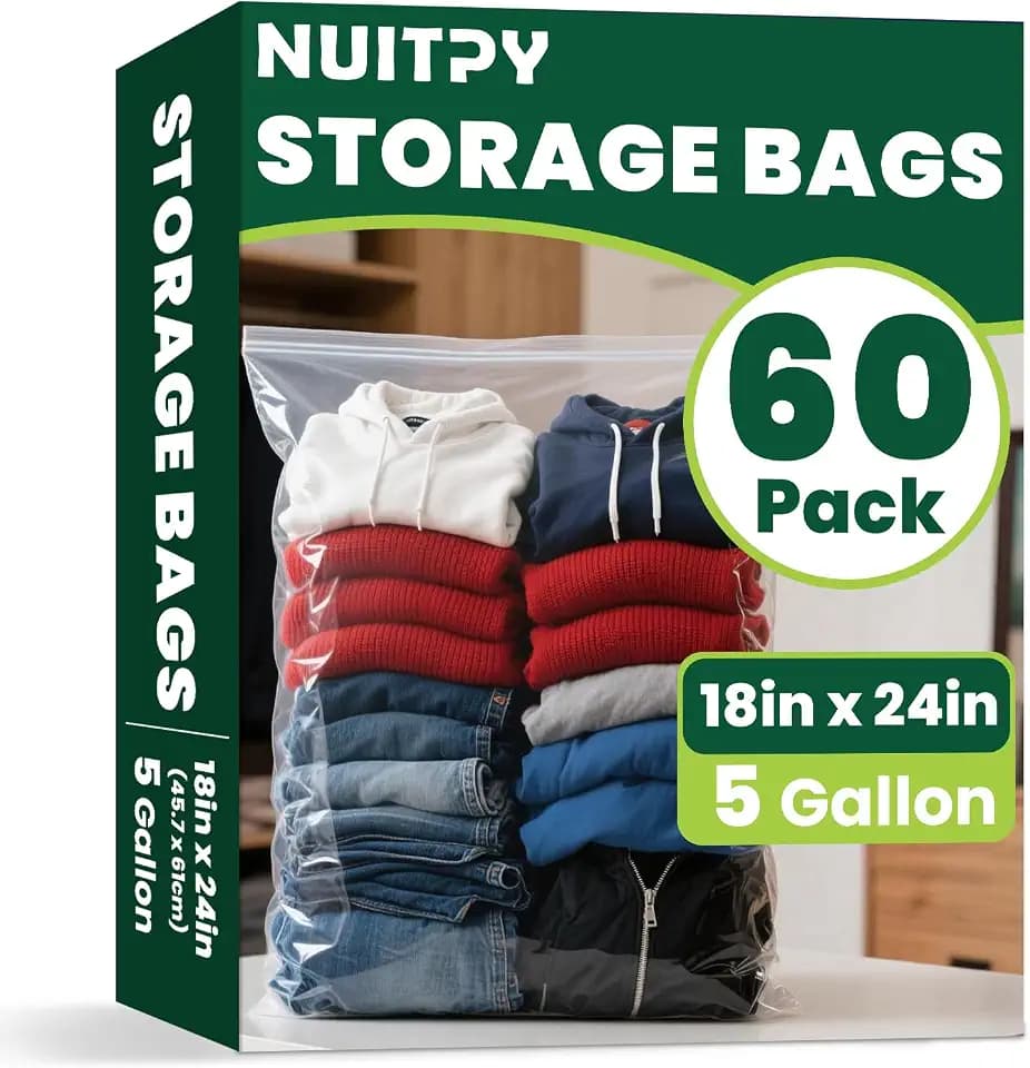 60 Pack Large 5 Gallon Storage Bags with Zipper Top, 18 x 24in Zipper Bags