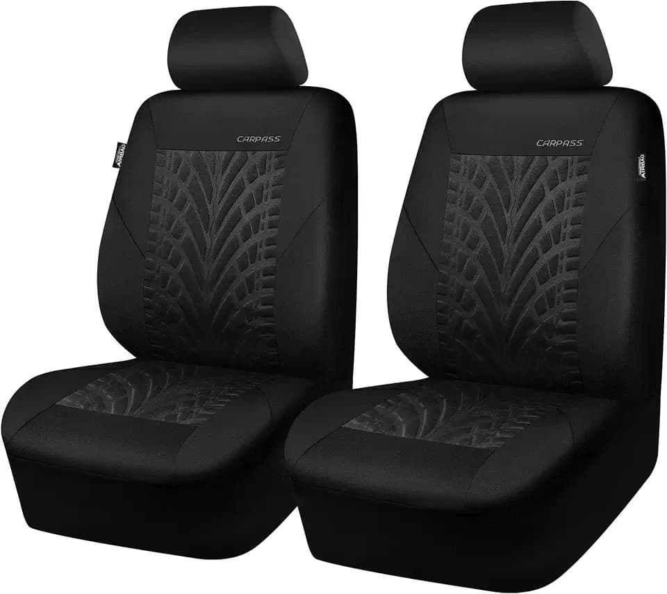 CAR PASS Autositzbezüge 2 vorne, 3D Reifendruck Auto Innenbezüge, Airbag Kompatibel, Schnelle Einrichtung, Universelle Passform Sitzbezüge für Auto, LKW, SUV (Vordersitze, Schwarz)