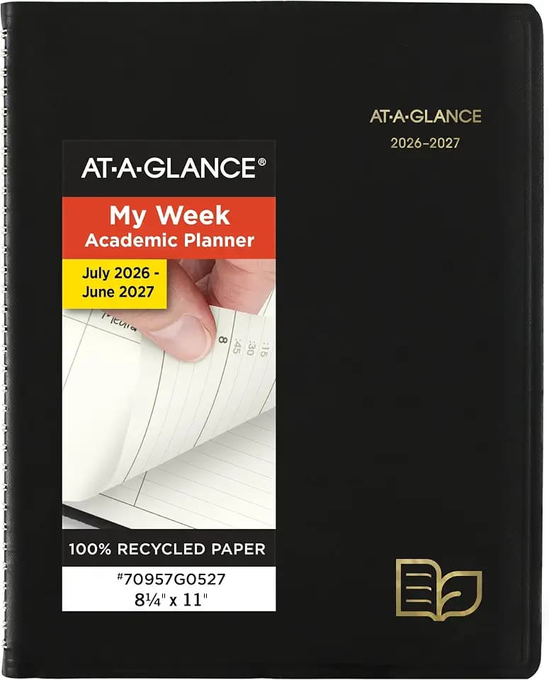 AT-A-GLANCE Planner 2026-2027 Weekly & Monthly Academic 12-Month July-June Quarter-Hourly Appointment Book, 8-1/4" x 11", Recycled, Black (70957G05)