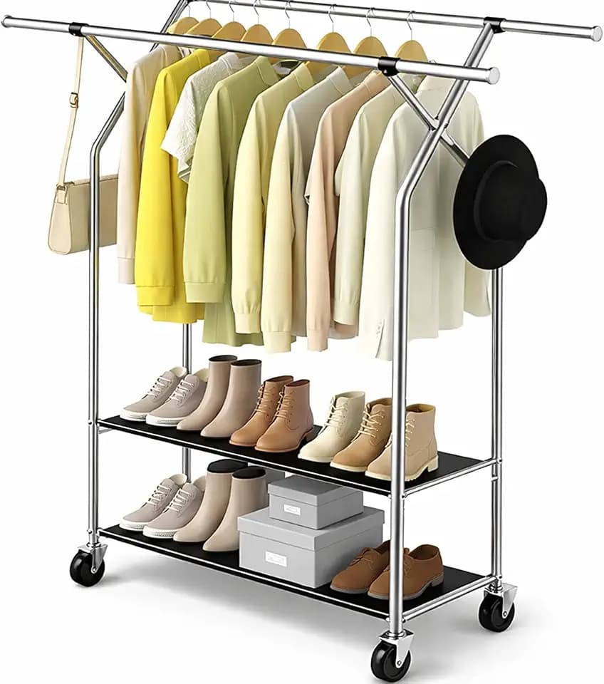 HAPPY CHEERS Heavy Duty Clothes Rack,Double Rods Clothing Rack for Hanging Clothes,Rolling Clothing Racks with Wheels,Metal Garment Rack for Bedroom Laundry Living Room,Silver