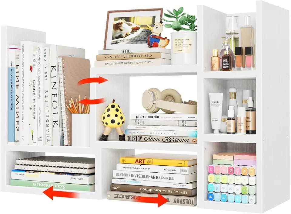 NUTIKAS Desk Shelves Desktop Organizer Shelf - White Office Organization for Top of Desk Organizers and Accessories Corner Bookshelf Table Top Shelving Small Hutch Decorations for Women Office