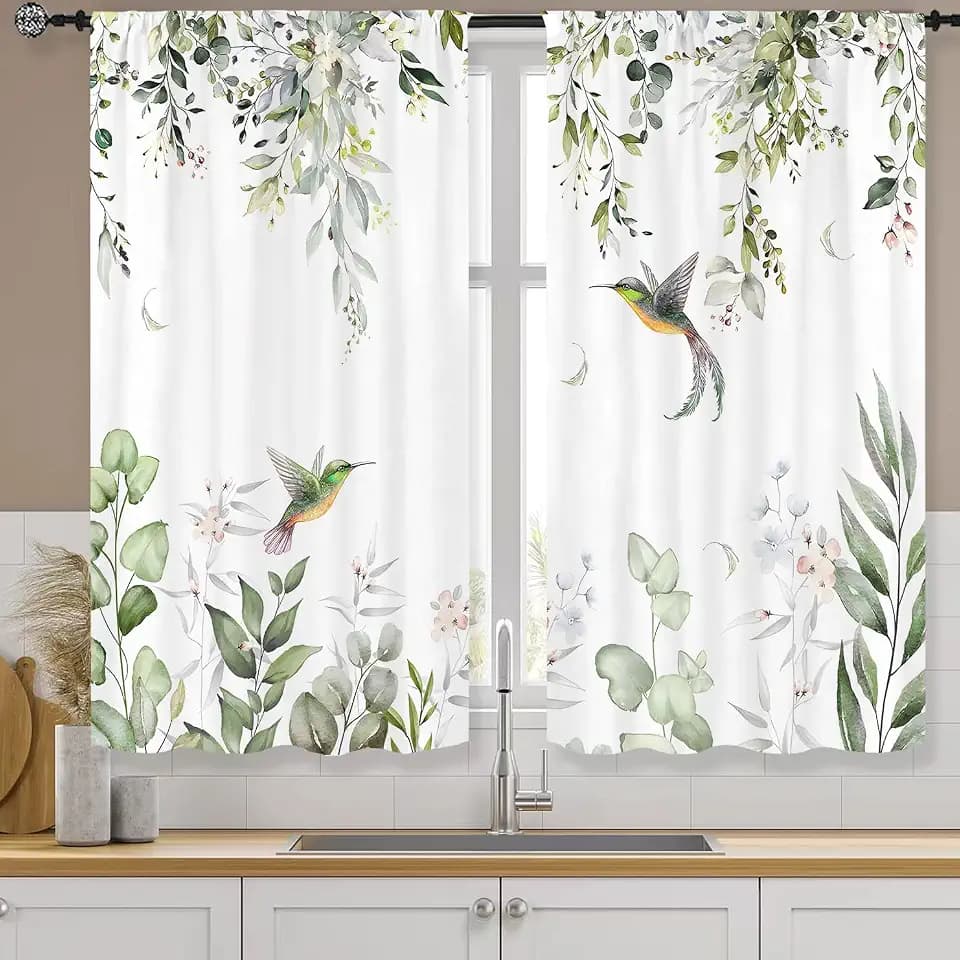 Eucalyptus Green Leaves Kitchen Curtain Rod Pocket 27.5W X 39L Inch 2 Panel Sage Green Leaf Watercolor Floral Hummingbird Small Short Cafe Tier Curtain Plant Window Drape Treatment Home Decor