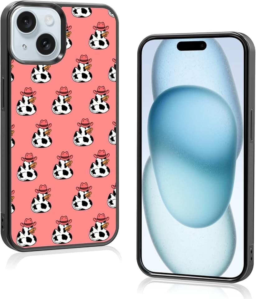 Cute Cow Duck Western Phone Case, Funny Duck Pink Cowboy Cowgirl Hat iPhone 15 Case, Non-Slip Design and Shock Absorption Phone Case for Teen Girls, Boys, Women and Men(iPhone - 15)