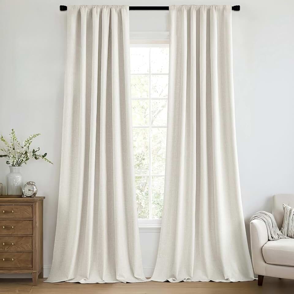 MIULEE 100% Blackout Back Tab Pleat Linen Curtains 50" Wx108 L,Ivory