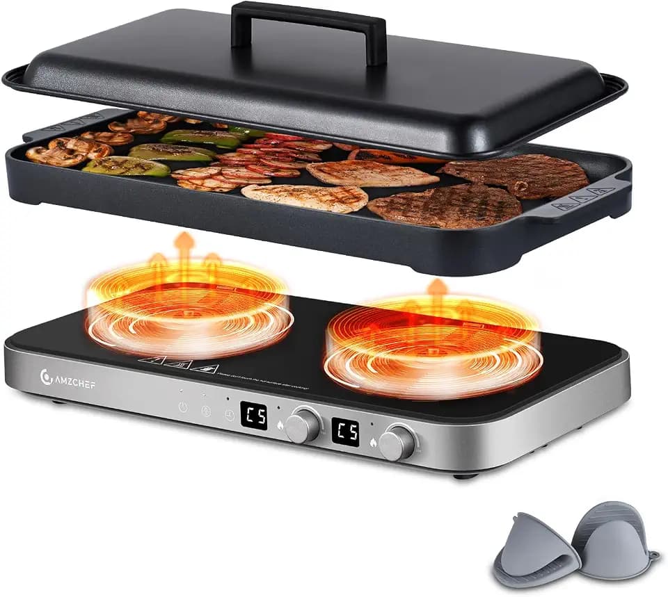 AMZCHEF Double Induction Cooktop, 1800W 2 Burner with Griddle Pan, Grey