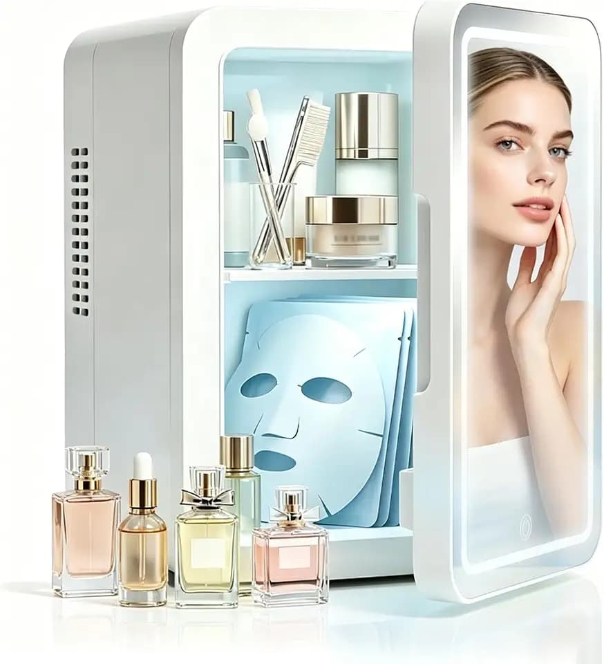 Lispin Skincare Fridge With Dimmable LED Light Mirror, 4L Makeup Mini Fridge for Bedroom, Car, Office & Dorm, Portable Small Refrigerator (White-4L-E)