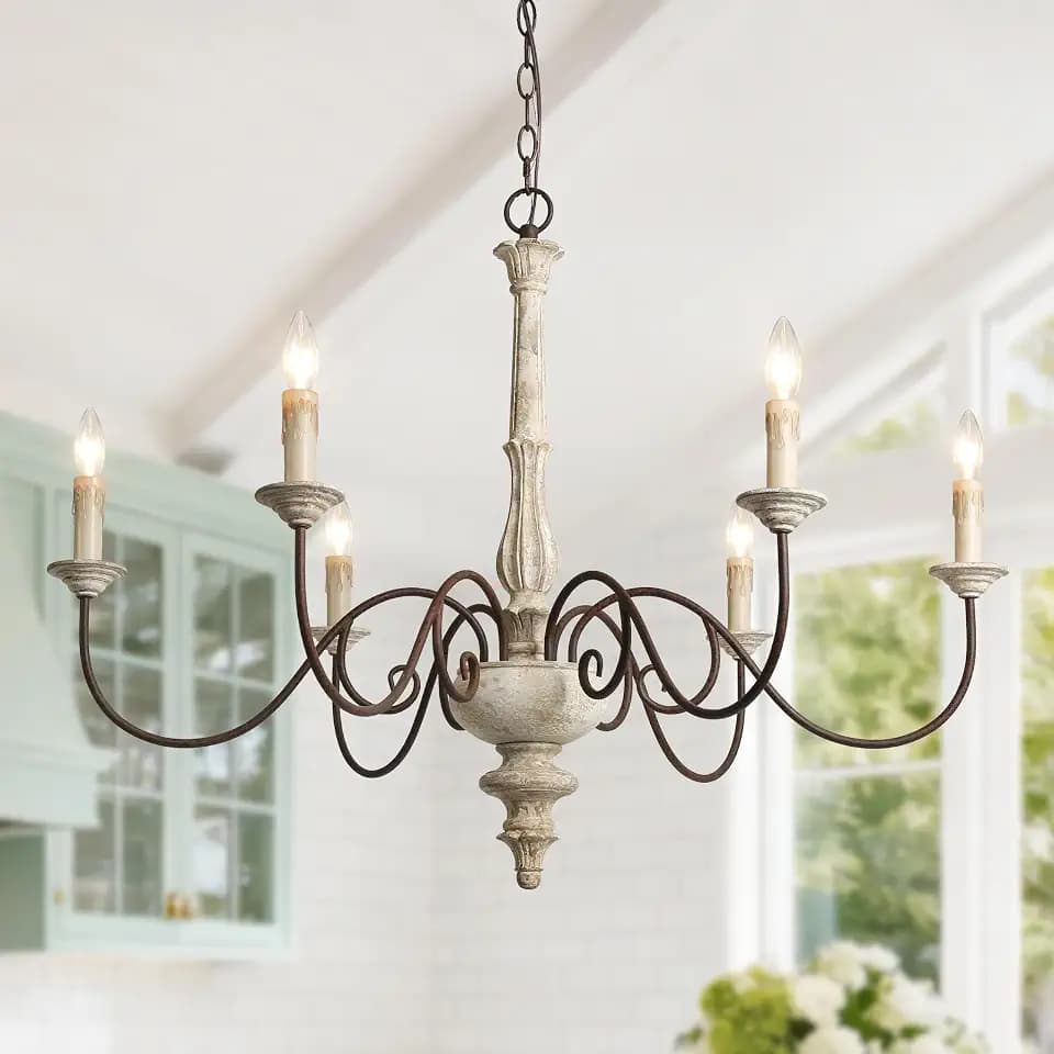 LALUZ Farmhouse Chandelier, 6-Light Large French Country Wood Lighting for Dining Room, 37.4” Distressed Shabby Chic Chandeliers, Vintage Arms in Rusty Metal Finish for Living Room, Bedroom