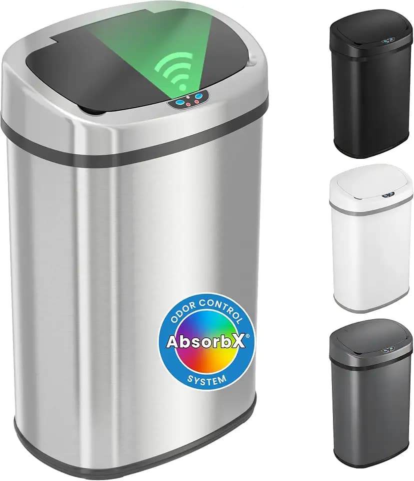 iTouchless Patented 13 G Stainless Steel Sensor Trash Can | AbsorbX Filter