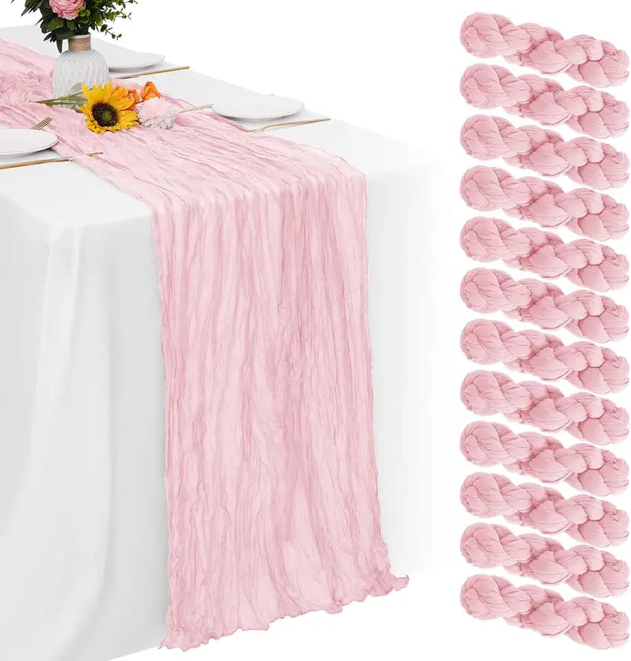 Aktor 12 Pack Pink Table Runner Boho Cheesecloth Table Runner Semi Sheer Gauze Fabric Runners for Wedding Birthday Baby Shower Party Boho Table Decoration(Pink)
