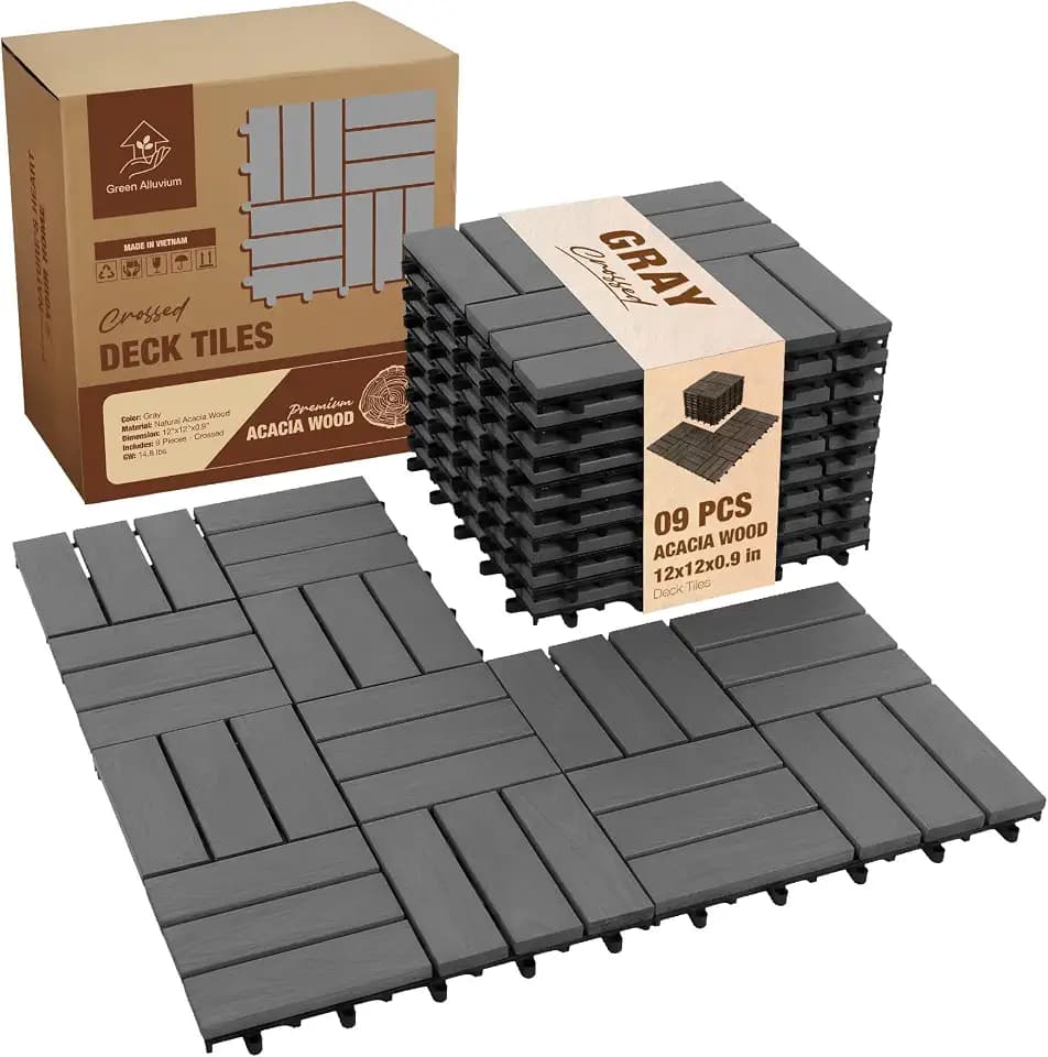 Acacia Wood Interlocking Deck Tiles, Patio & Backyard Tile, 12 in, 9 PCS