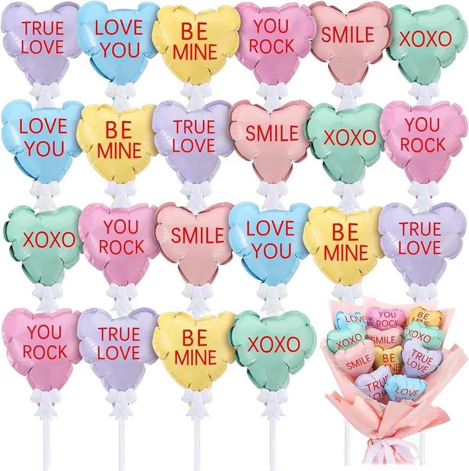 Gemscream 60 Pcs Valentine's Day Conversation Heart Balloons Self Inflatable Heart Balloons with Bow Rod 4 Inch Mini Valentine Decoration for Wedding Birthday Engagement Party Supplies