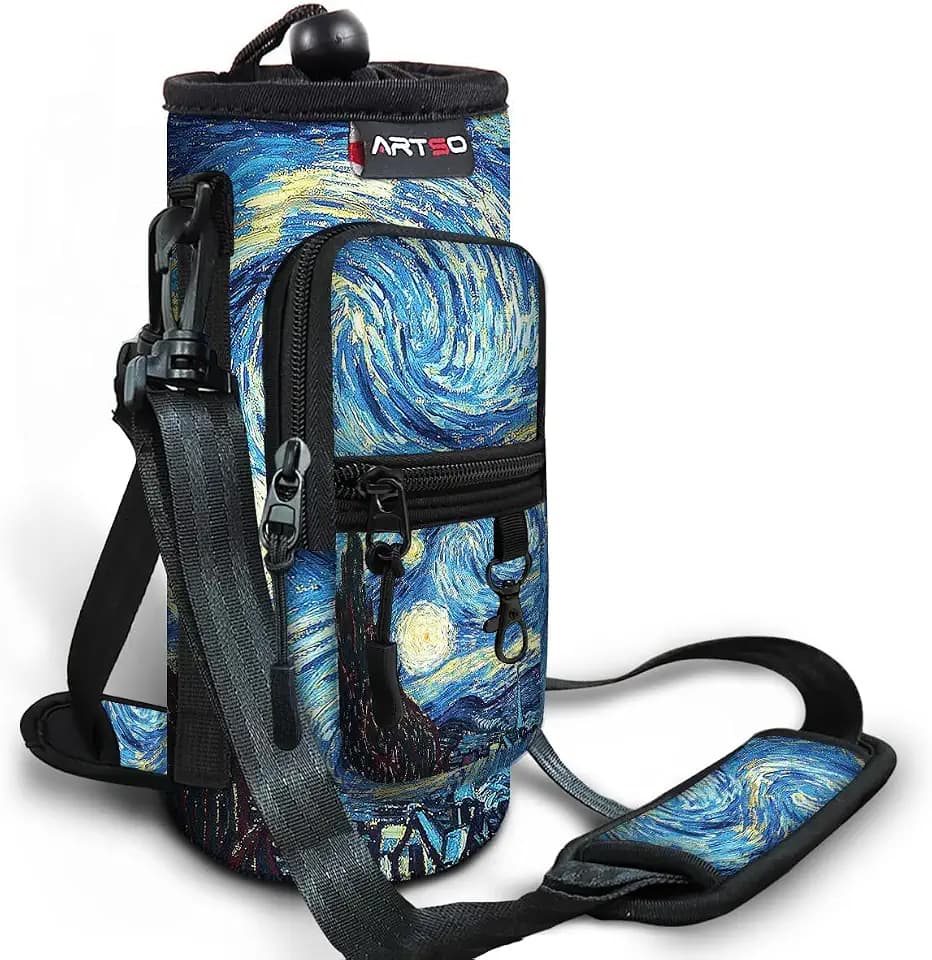 ARTSO Water Bottle Carrier Bag Sling Holder Pouch, 25oz 32oz 40oz 64oz Insulated Water Bottle Sleeve Case Cover with Strap Pocket for Men Women Hiking Camping Travelling, Van Gogh Starry Night