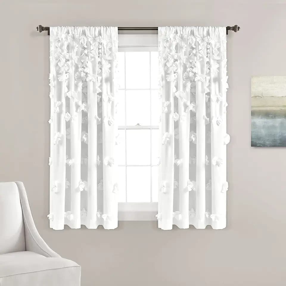 Lush Decor Riley Light Filtering Window Curtain Panel, Single 54" W x 63" L, White - Cute White Curtains for Bedroom - Bow Decor - Coquette Curtains for Windows