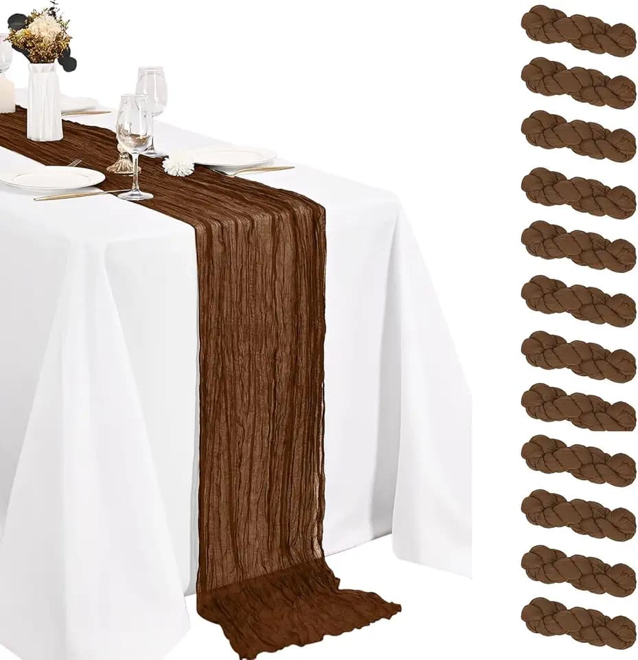 12 Pack Coffee Brown Cheesecloth Table Runner 20 x120 Inch - 10FT Boho Rustic Gauze Cheese Cloth Table Runner for Wedding, Anniversary, Baby Shower, Easter, Spring Home Decor