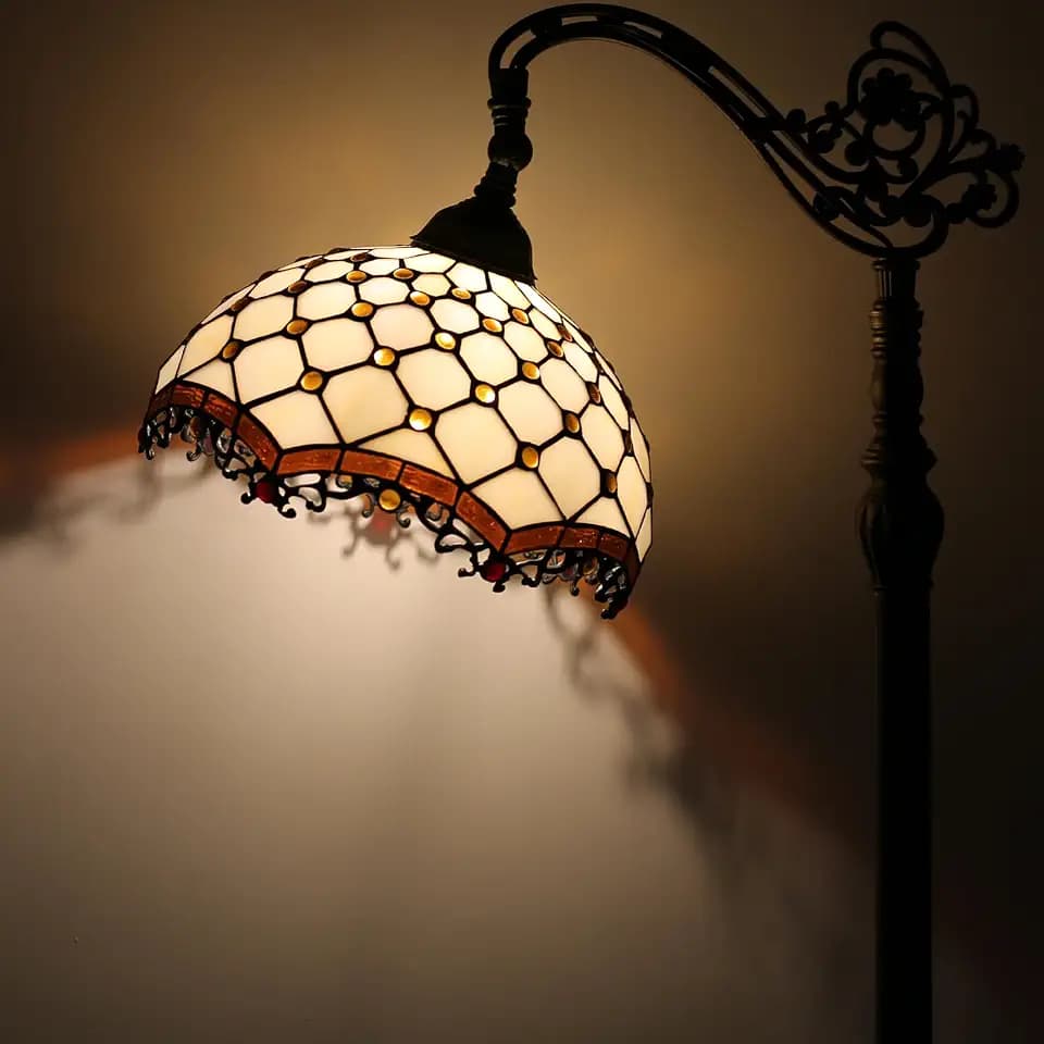 Tiffany Floor Lamp Amber Pearl Style Stained Glass Reading Light