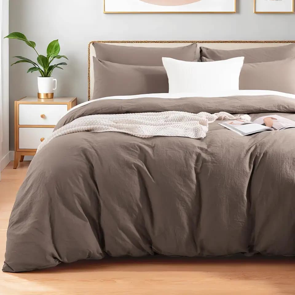 NEXHOME PRO 100% Washed Cotton Duvet Cover Queen Size, Ogranic Natural Linen Feel Breathable Bedding Set with Zipper Closure, 3 Pieces Duvet Cover Set Chocolate (No Comfortert) 9090