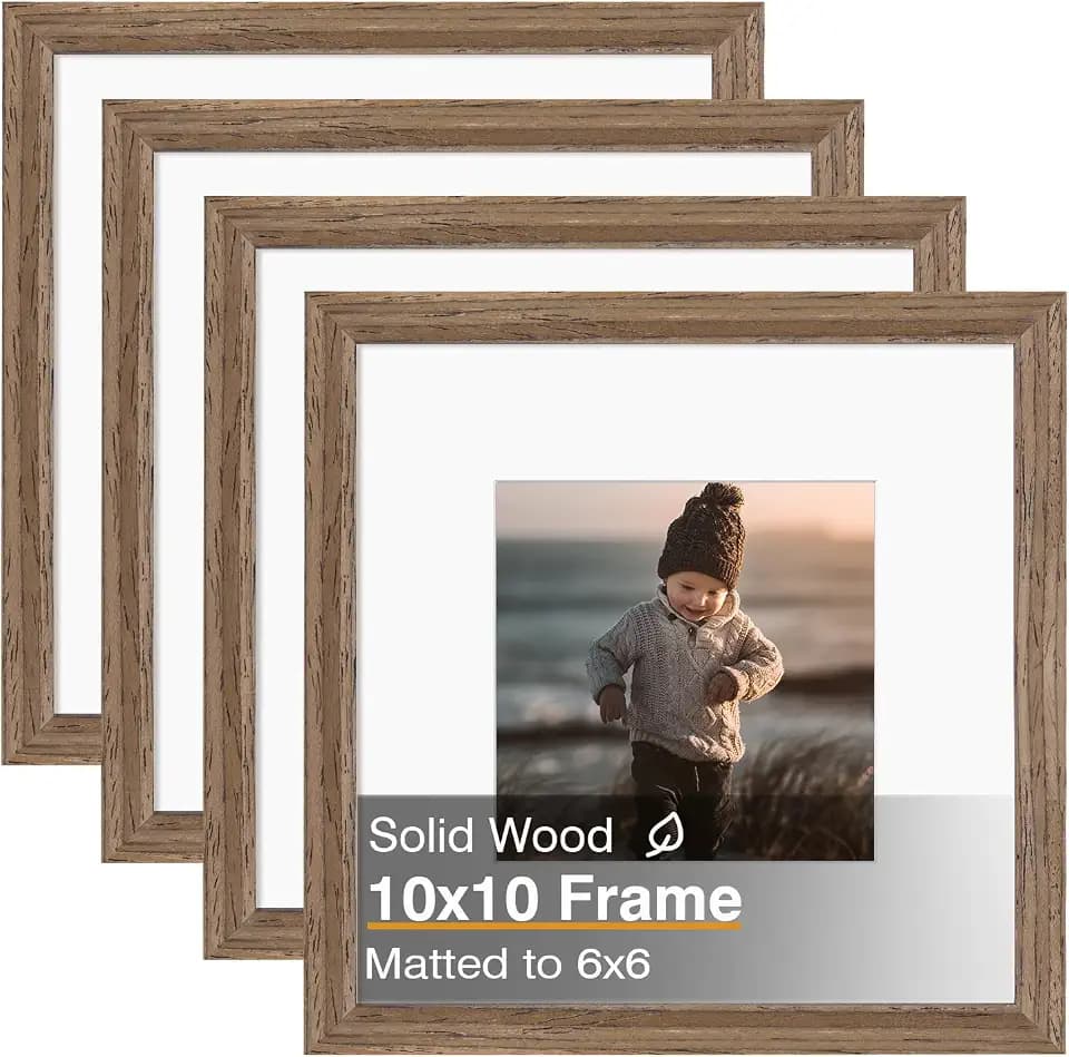 KINLINK 10x10 Picture Frames 4 Pack Brown Solid Wood Square Frames