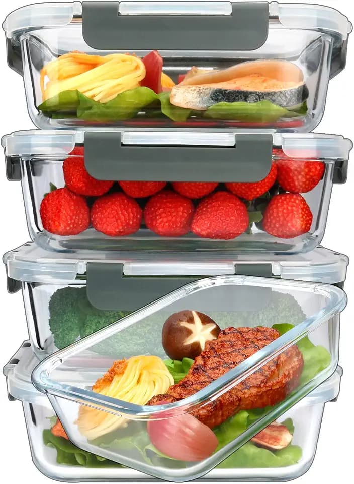 M MCIRCO 5 Pack 36 oz Glass Food Storage Containers with Lids,4.5 Cups,Gray