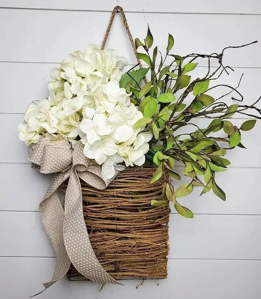 Cream Hydrangea Basket Wreath - Spring Front Door Decor with Rattan Basket & Burlap Bow, Farmhouse Porch Wreath for Wedding, Easter, Year-Round Home Decoration