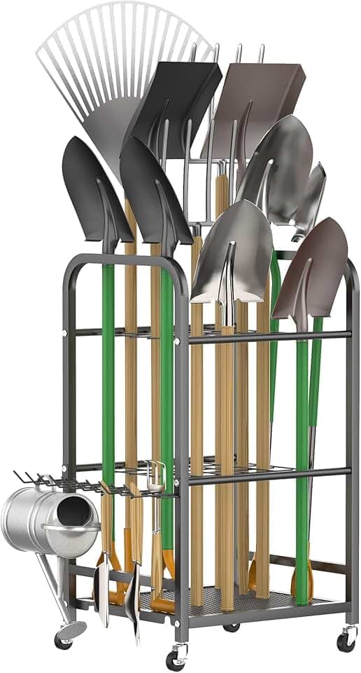 WALMANN Garden Tool Organizer with Wheels, Rakes/Shovels/Yard Tools Stand