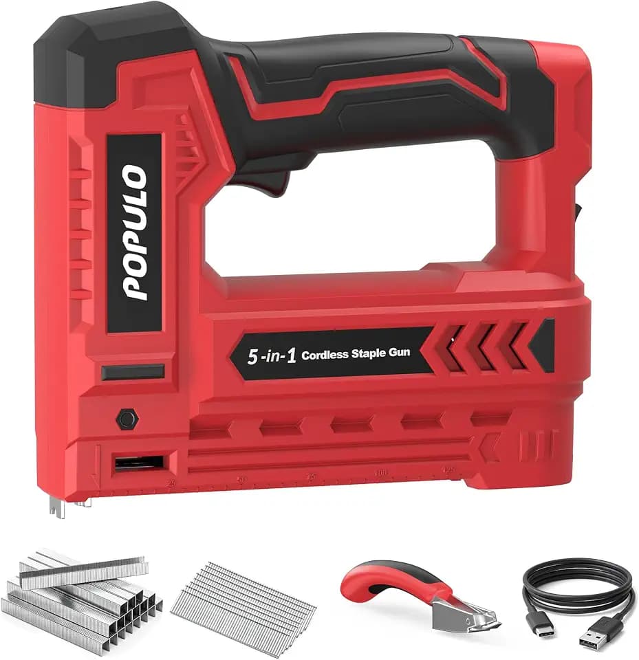 POPULO Electric T50 Staple Gun, 4V Cordless, 5-in-1 for Upholstery