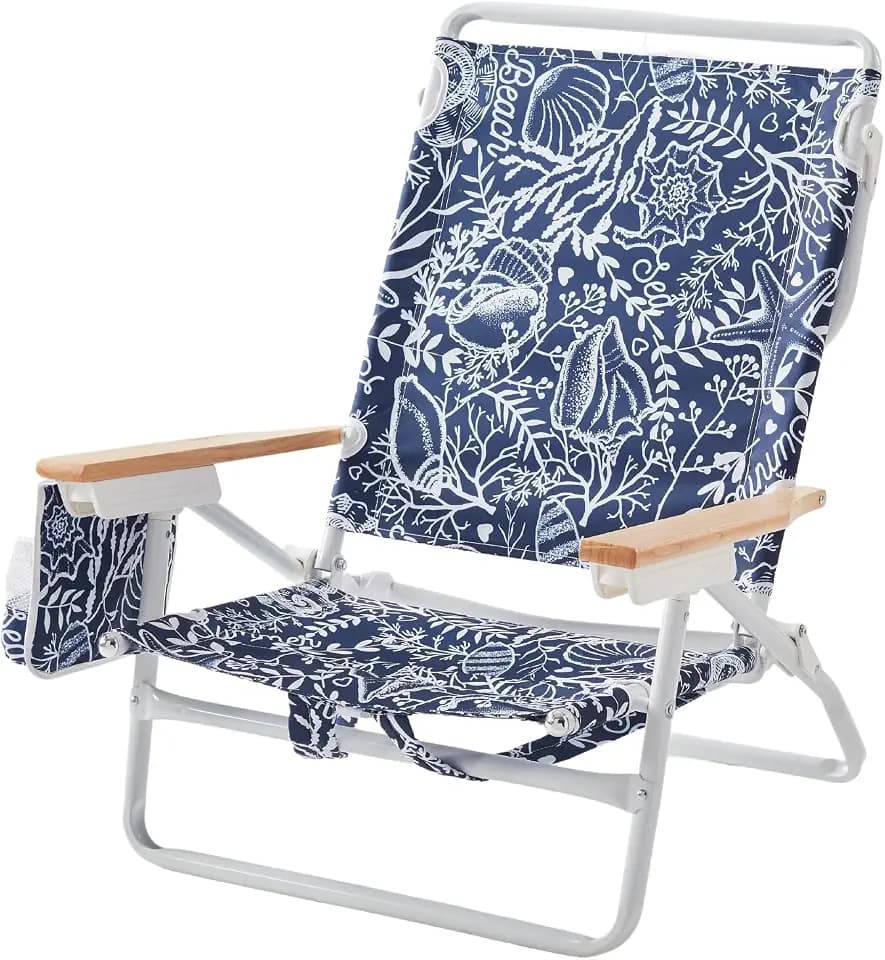 5-Position Low Beach Chair, Portable Lightweight Folding Beach Chair with Wooden Armrests, Storage Pouch & Carry Strap, Coastal Beach Print – Reef Indigo