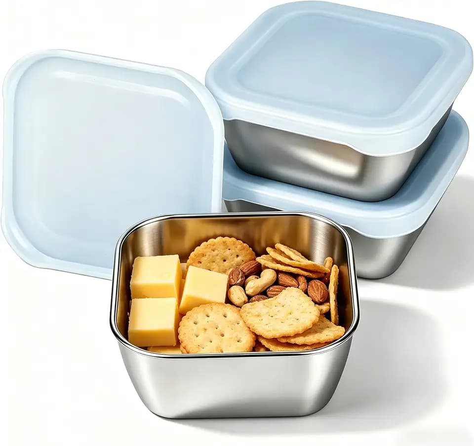3 Pack 13.53 oz (400 ml) 304 Stainless Steel Snack Container – Leak-Proof, Grill & Oven Safe, Freezer & Dishwasher Safe, BPA-Free Silicone Lid, for Snacks, BBQ, Lunch, Camping, Baking