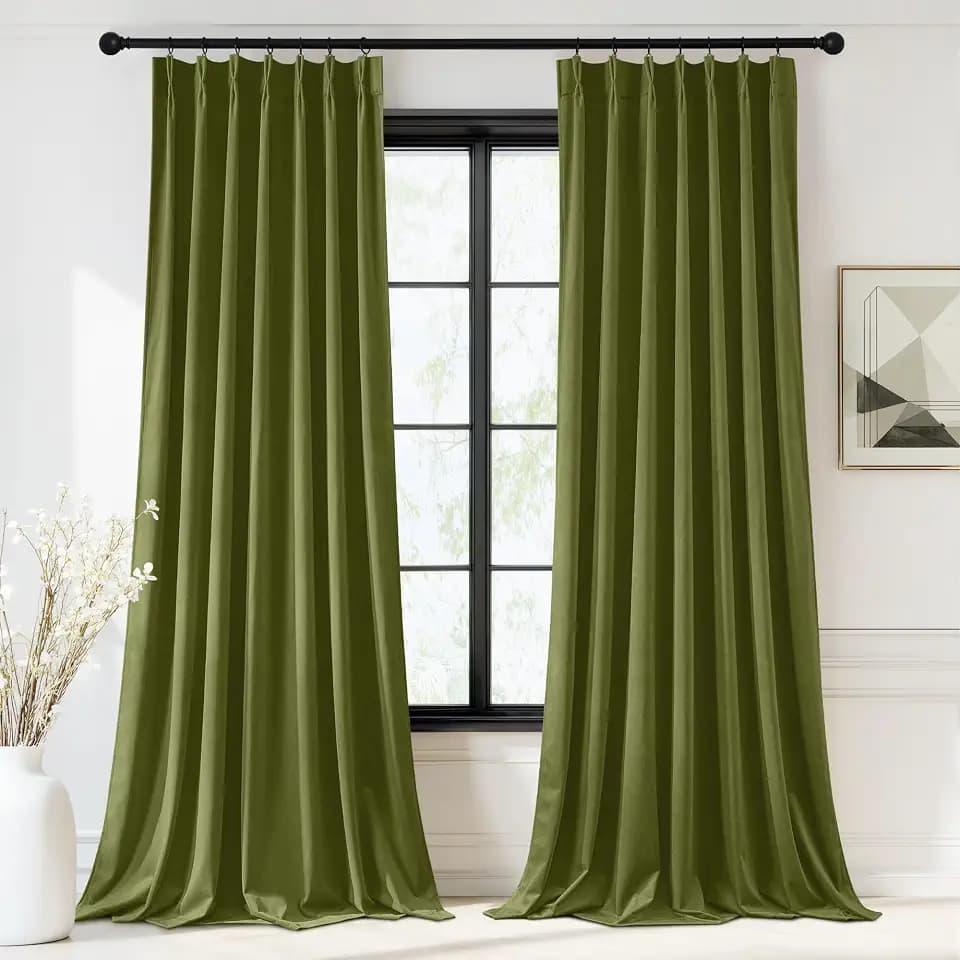 StangH Olive Green Pinch Pleat Velvet Curtains 96 Inches Long 2 Panels